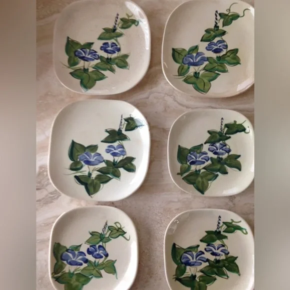 Red Wing VINTAGE 1940s Morning Glory Blue Pottery, 6pc